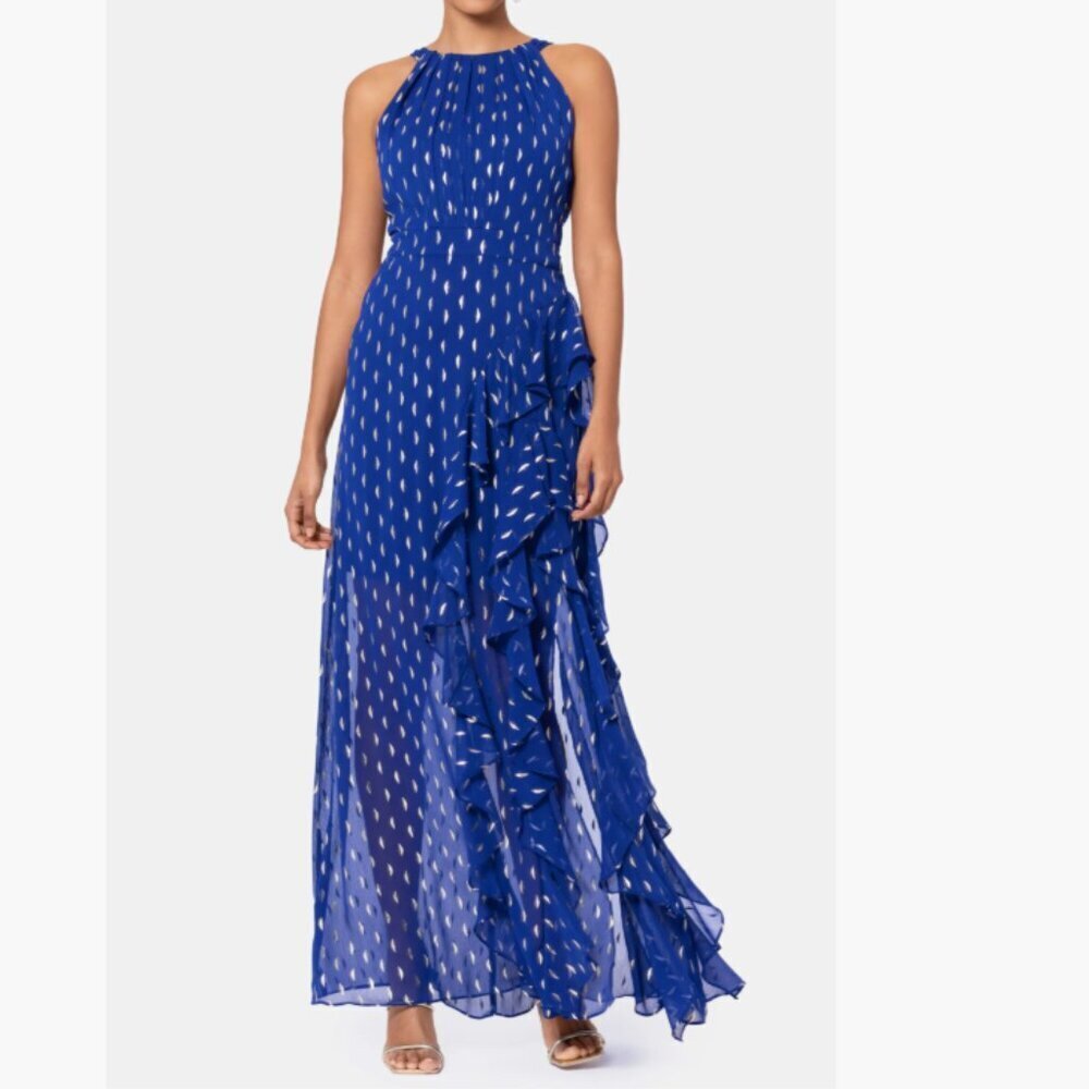 Betsy & Adam Petite Printed Ruffled Halter Gown sz 2